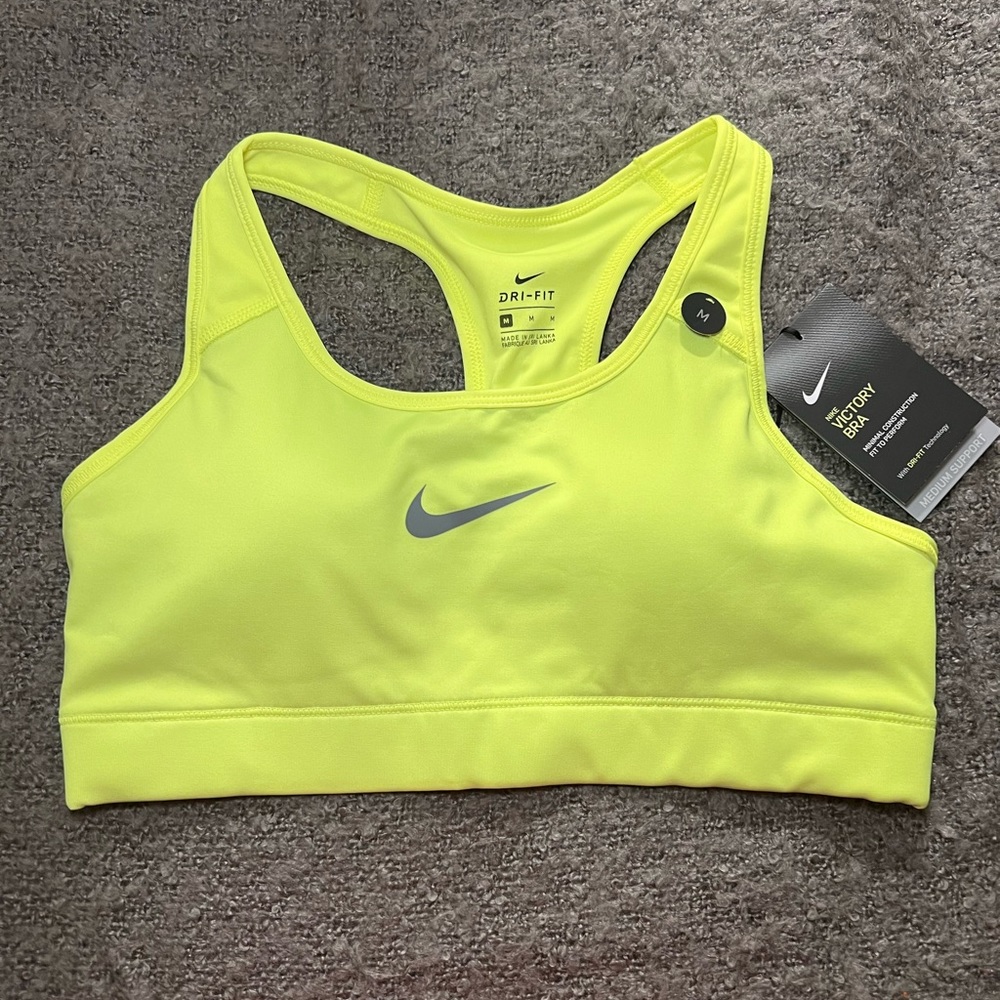 Nike Victory Bra, Neon Green, Racerback Black Logo Swoosh, Padded Support Sport